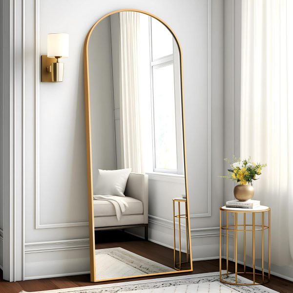 Arched Full Length Mirror, 64"x25"Floor Mirror with Stand, Wall Mirror Full Length, Floor Standing, Hanging or Leaning, Tall Aluminum Frame Full Body Mirror for Bedroom, Gold