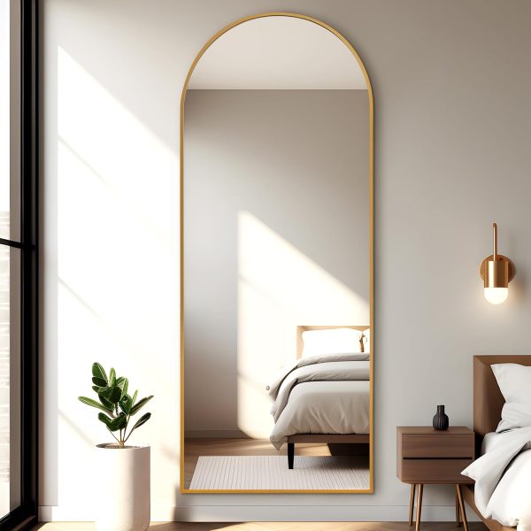 Arched Full Length Mirror, 64"x25"Floor Mirror with Stand, Wall Mirror Full Length, Floor Standing, Hanging or Leaning, Tall Aluminum Frame Full Body Mirror for Bedroom, Gold - Image 2