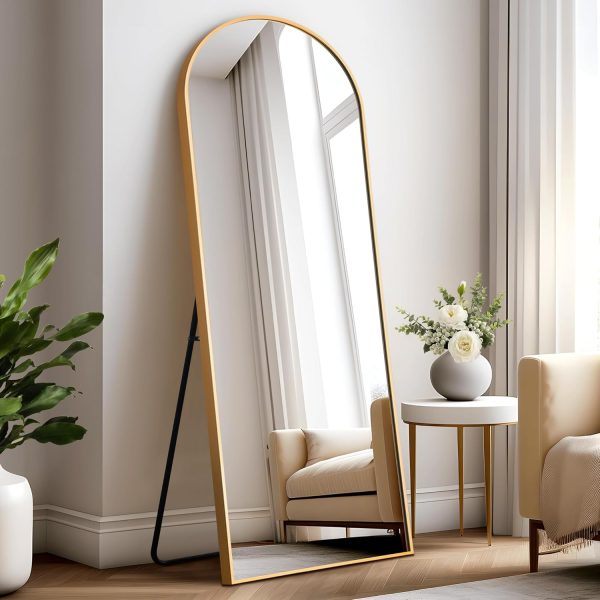 Arched Full Length Mirror, 64"x25"Floor Mirror with Stand, Wall Mirror Full Length, Floor Standing, Hanging or Leaning, Tall Aluminum Frame Full Body Mirror for Bedroom, Gold - Image 3