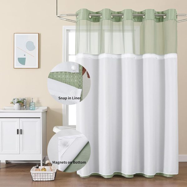 No Hook Shower Curtain with Snap in Fabric Liner, Waffle Weave Heavy Duty Thick Shower Curtains with Mesh Top Window, Hotel Style Waterproof Bathroom Curtain Set, 72'' x 75'', Sage Green - Image 2