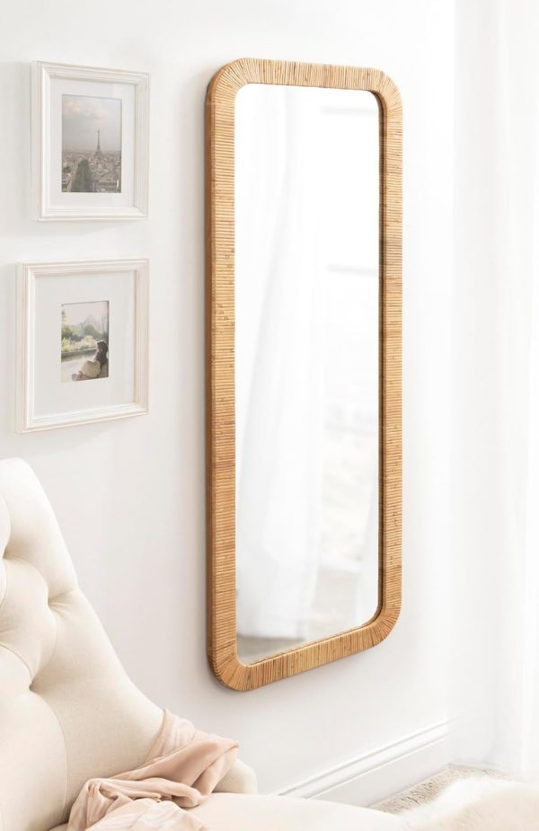 Kate and Laurel Rahfy Boho Rectangle Rattan Wall Mirror, 18 x 48, Natural Wood, Decorative Rounded Rectangular Full-Length Mirror with Authentic Rattan Frame for Bedroom Floor Mirror - Image 3